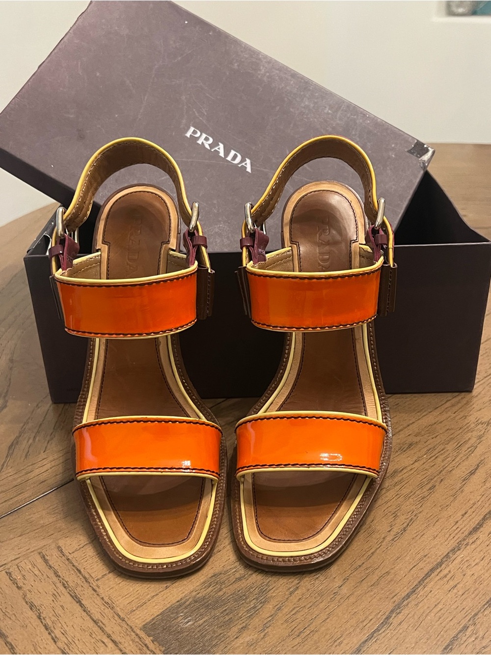 Prada Vernice Rasta Orange Patent Leather Double-Strap Sandals with Ankle Buckle